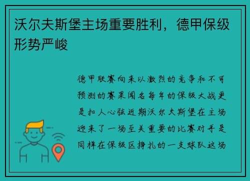 沃尔夫斯堡主场重要胜利，德甲保级形势严峻